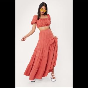 Nasty Gal Two Piece Orange Smock Crop Top w/ Tiered Maxi Skirt Size 4